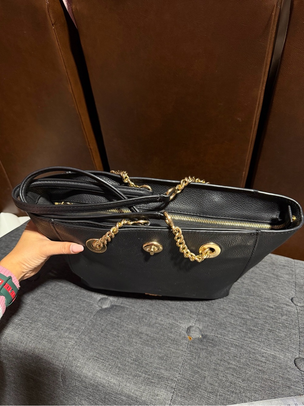 Coach Black Leather Tote with Gold Chain Details - Picture 5 of 13